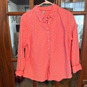 JCP Womens XL Pink Heart Print Button Down Oxford Shirt Long Sleeve Coral‎ Red